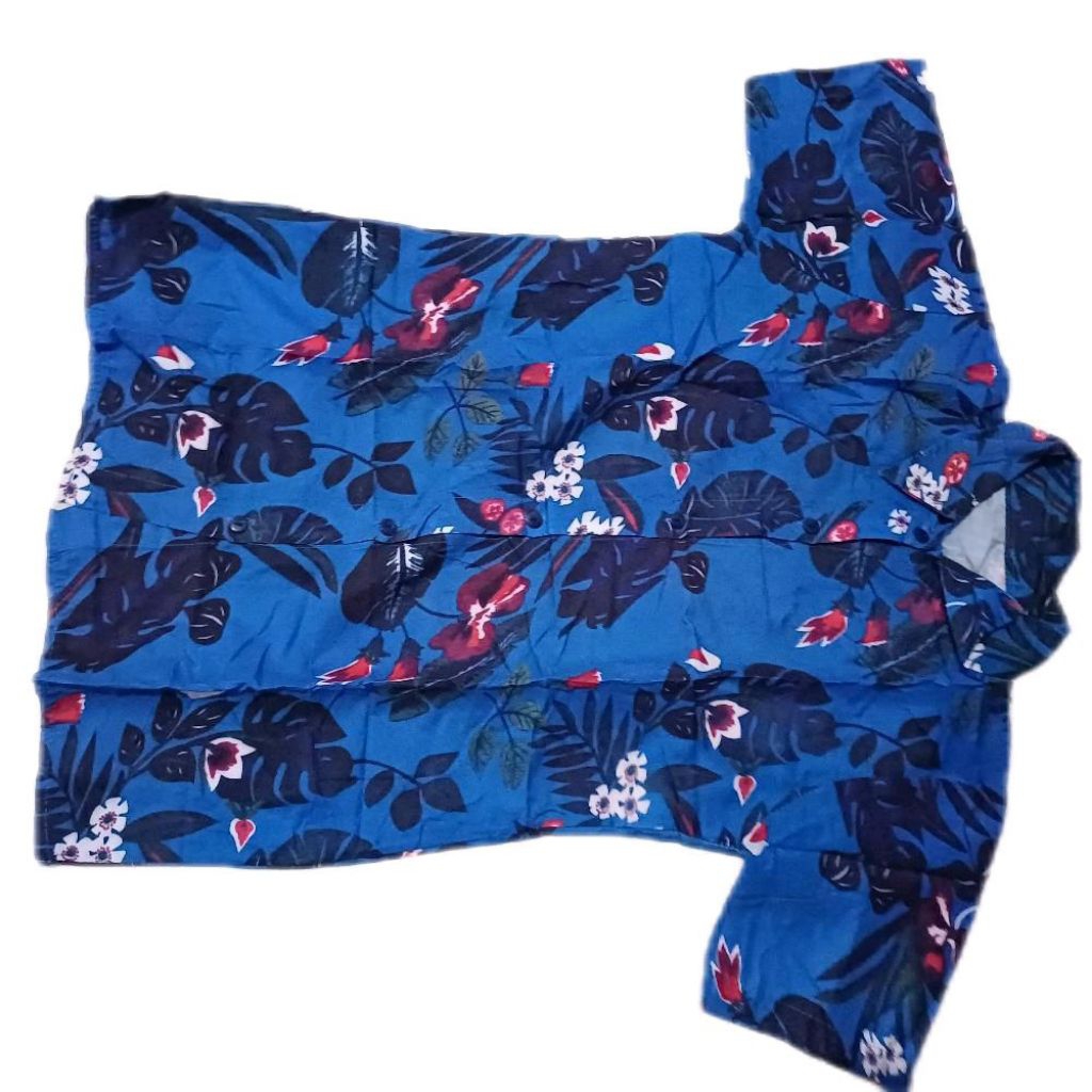 Kemeja Wanita Pastel Tropical Big Size Motif Daun dan Bunga Biru Tua