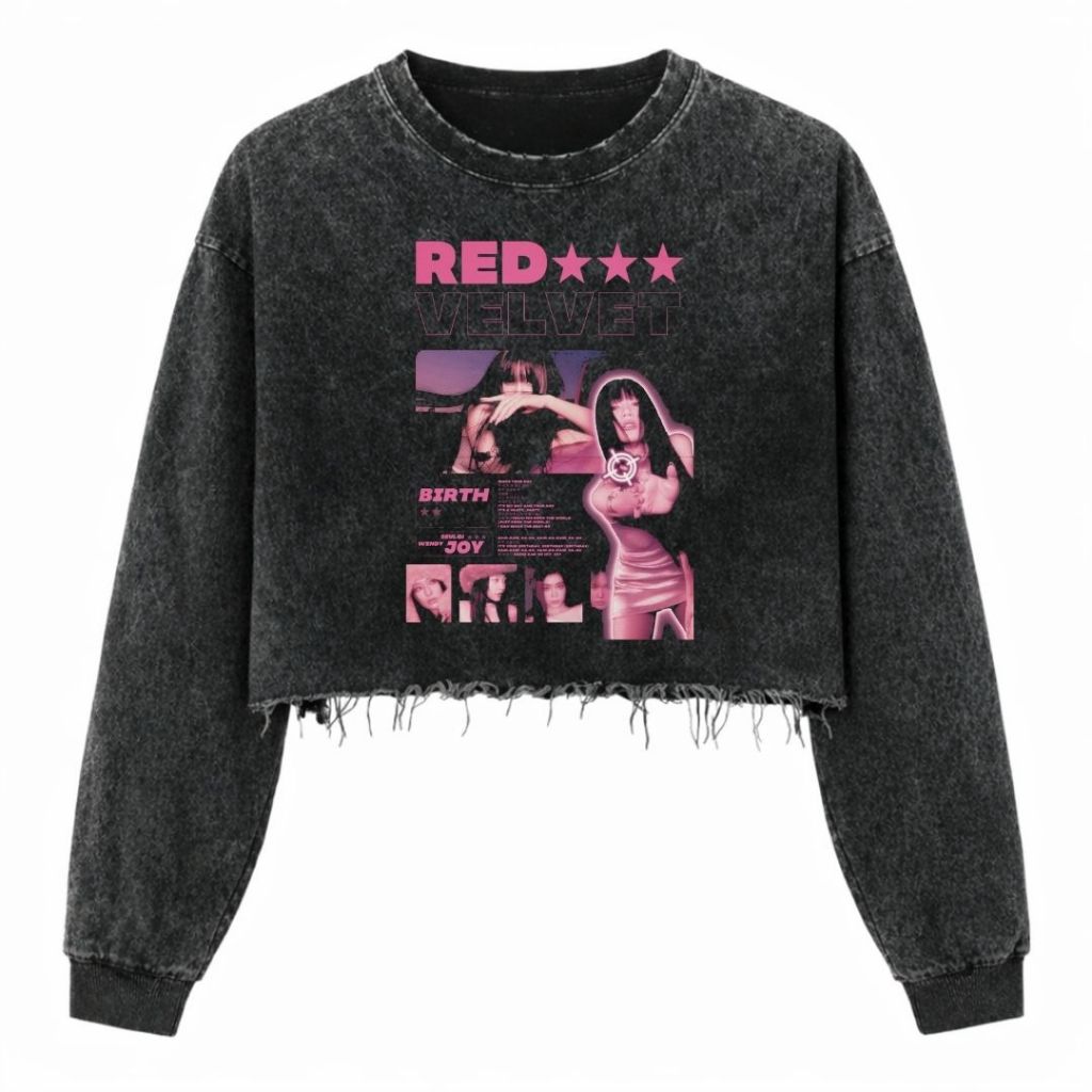 Psycho Crucify "Red Velvet" Crop Top Long Sleeve Oversized T-Shirt | Washing | Crop Tee Unfinished |