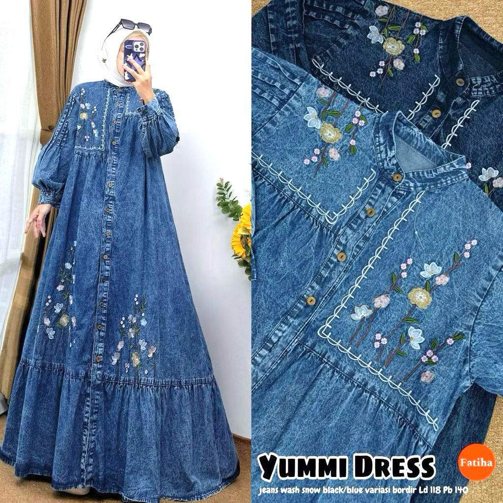 Yummi Dress Gamis Jeans Bordir Jumbo Wanita 2026 Busui Bordir Rempel