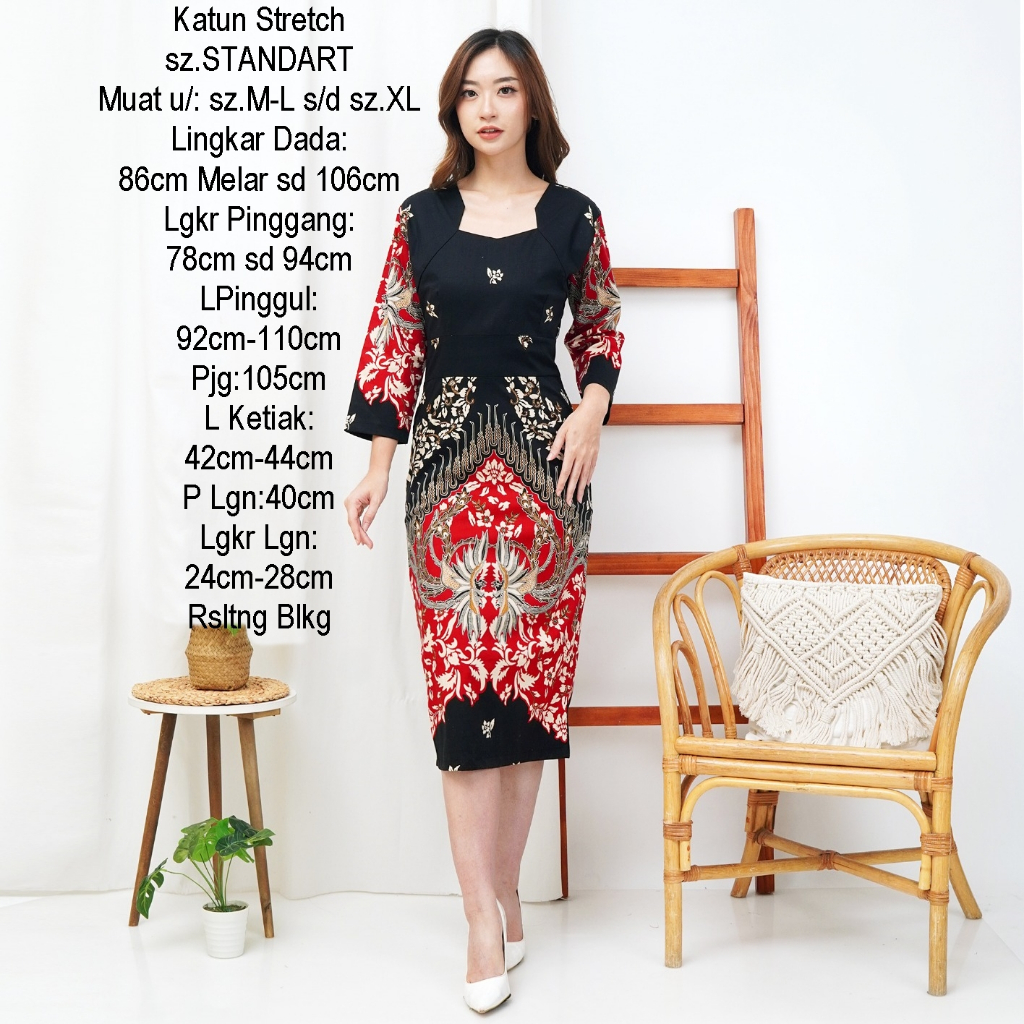Midi Batik Dress Modern Wanita Bodycon Baju Gaun Batik kerja kantor wanita bahan katun stretch melar