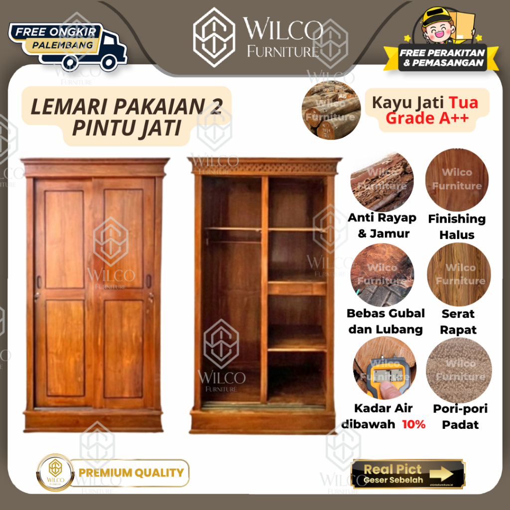 Lemari Pakaian 2 Pintu Sliding Jati | Lemari Baju Pintu Geser Minimalis