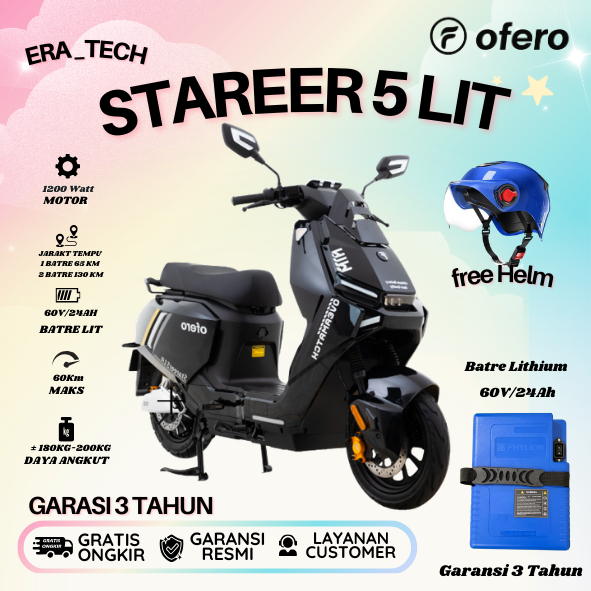 Ofero Sepeda Listrik/Motor listrik Stareer 5 Lit Dinamo 1200Watt 2 Baterai 130km Garansi 3 Tahun