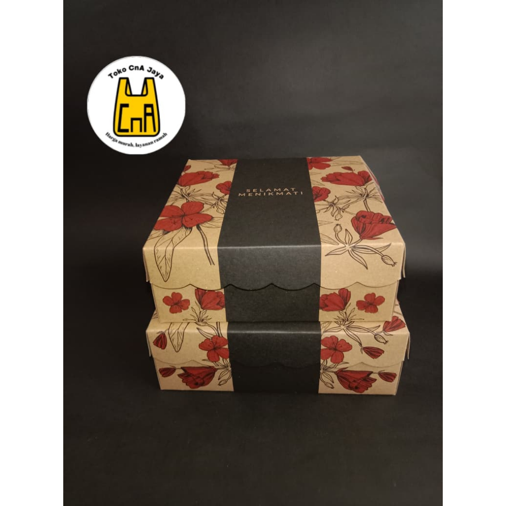 Kardus Kraft Nasi Kotak Motif Selamat Menikmati Bunga Merah 18x18 20x20 R8 R10K Depaper