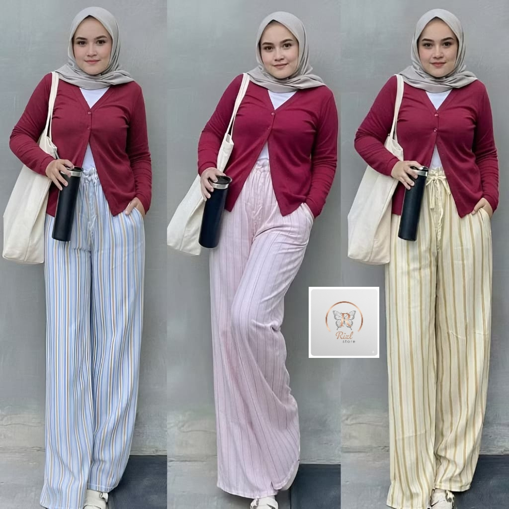 Celana Kulot Salur Tali Serut Wanita - Celana Panjang Baggy - Everyday Pants Stripe Pants