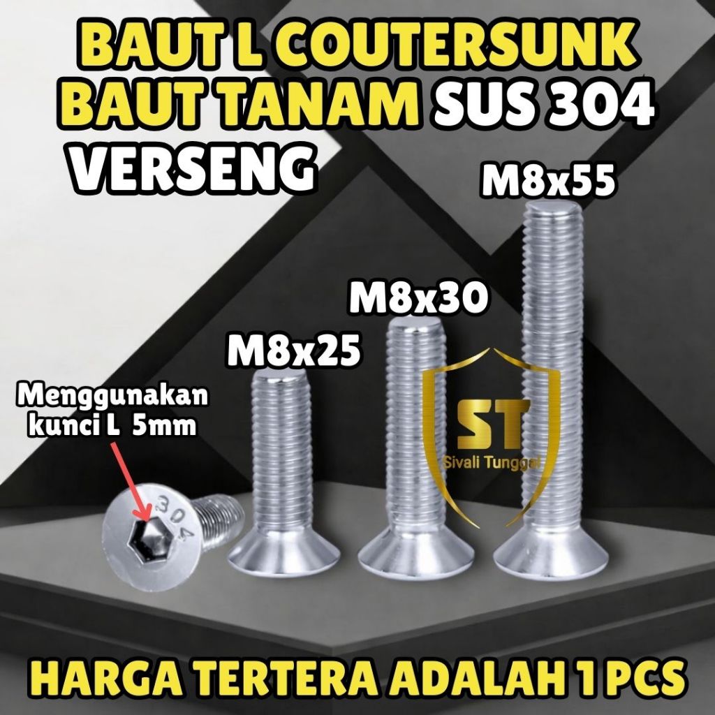 BAUT L TANAM VERSENG M8x30 | M8X55 STAINLESS SS 304 - BAUT L COUNTERSUNK