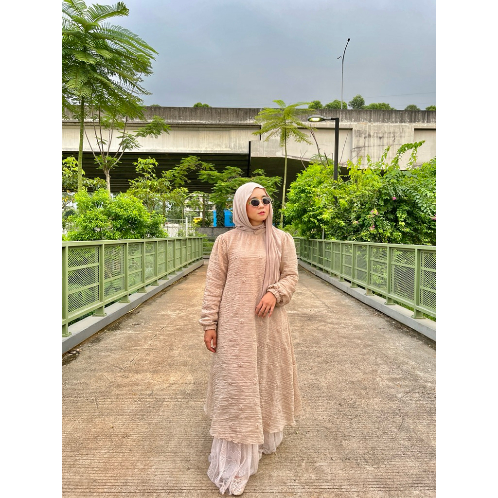 Gamis Dress Isabella LD 110 Bahan Fairy Crepe Warna Mocca Muslim Model Elegan dan Nyaman untuk Hari 