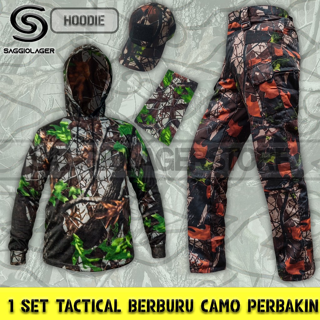 Satu Set Setelan Baju Kaos Hoodie Celana Tactical Topi Kamuflase Camo Perbakin Hunting Berburu