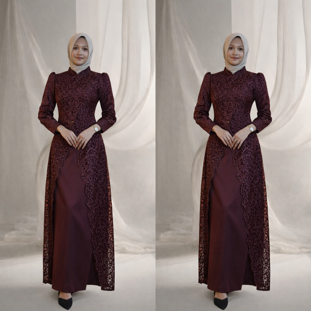 Gamis Alora  kondangan remaja Gamis Brokat Burgundy Premium Maxi Dress Pesta Exclusive Kekinian Lari