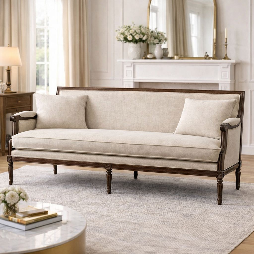 Sofa Vintage Mewah Ukir Klasik | Kursi Ruang Tamu Elegan Warna Cream Gold | Sofa Antik Premium
