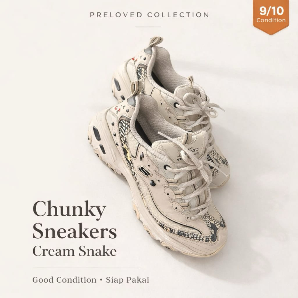 Sepatu Skechers Wanita Chunky Cream Motif Snake Preloved 9/10 Original Casual Fashion
