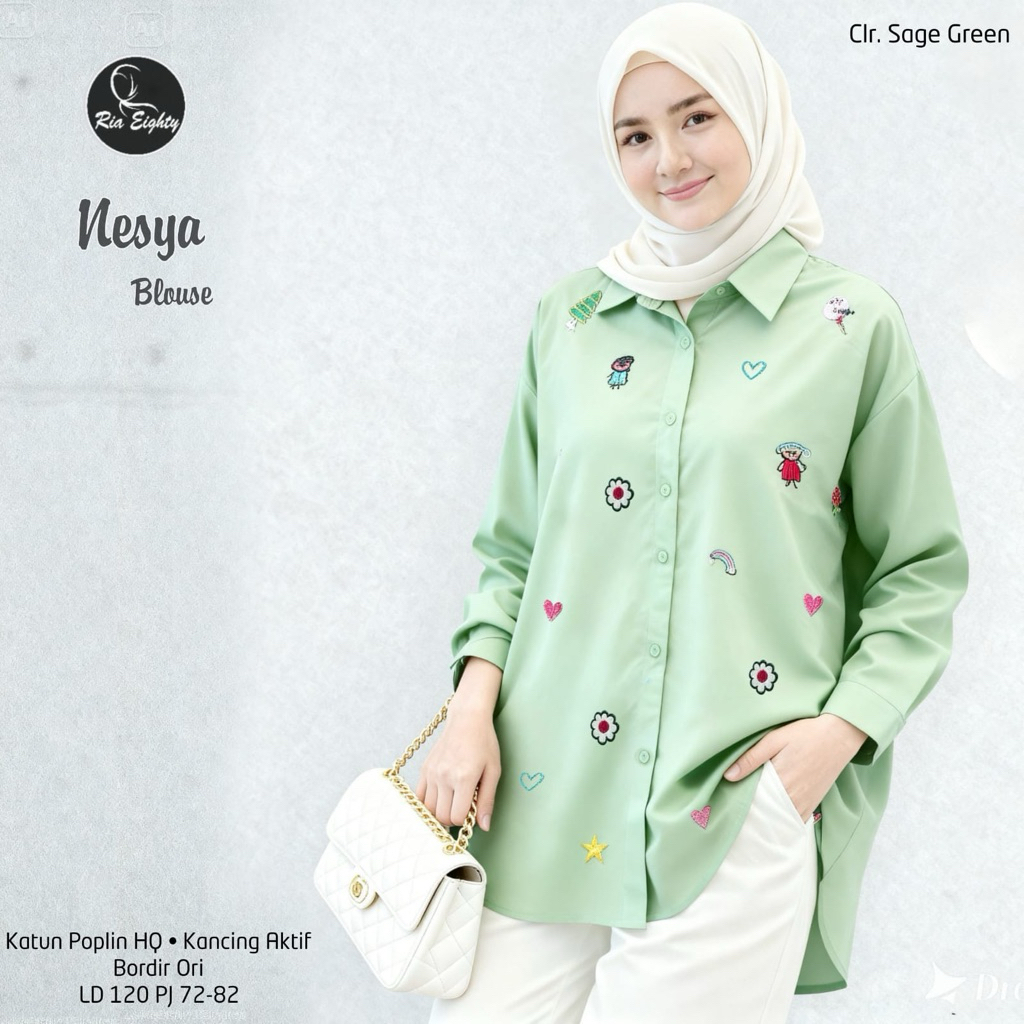 sage green Nesya kemeja Oversize Ld 120 blouse bordir cantik JUMBO / riaeighty