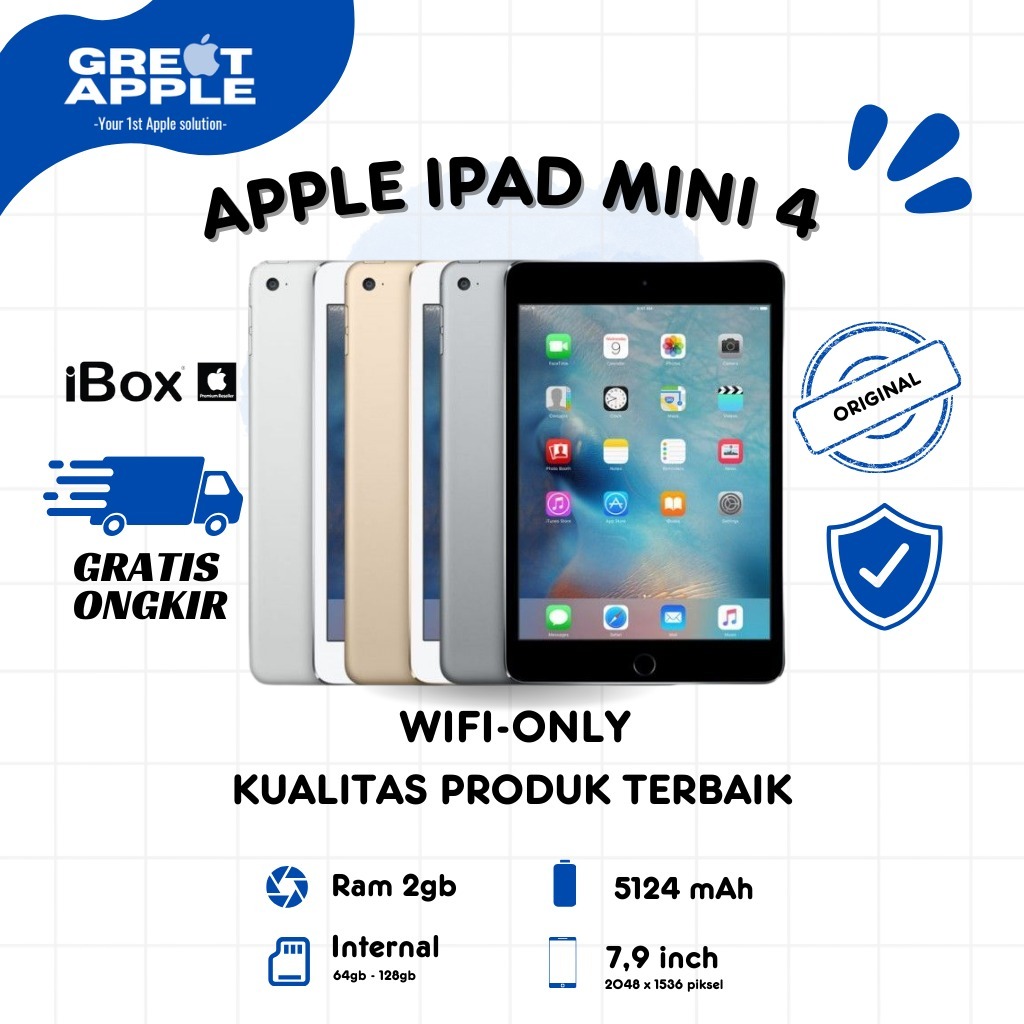 Apple iPad Mini 4 7.9 Inch Wifi Only + Cellular 128GB | 64GB Second Original - Great