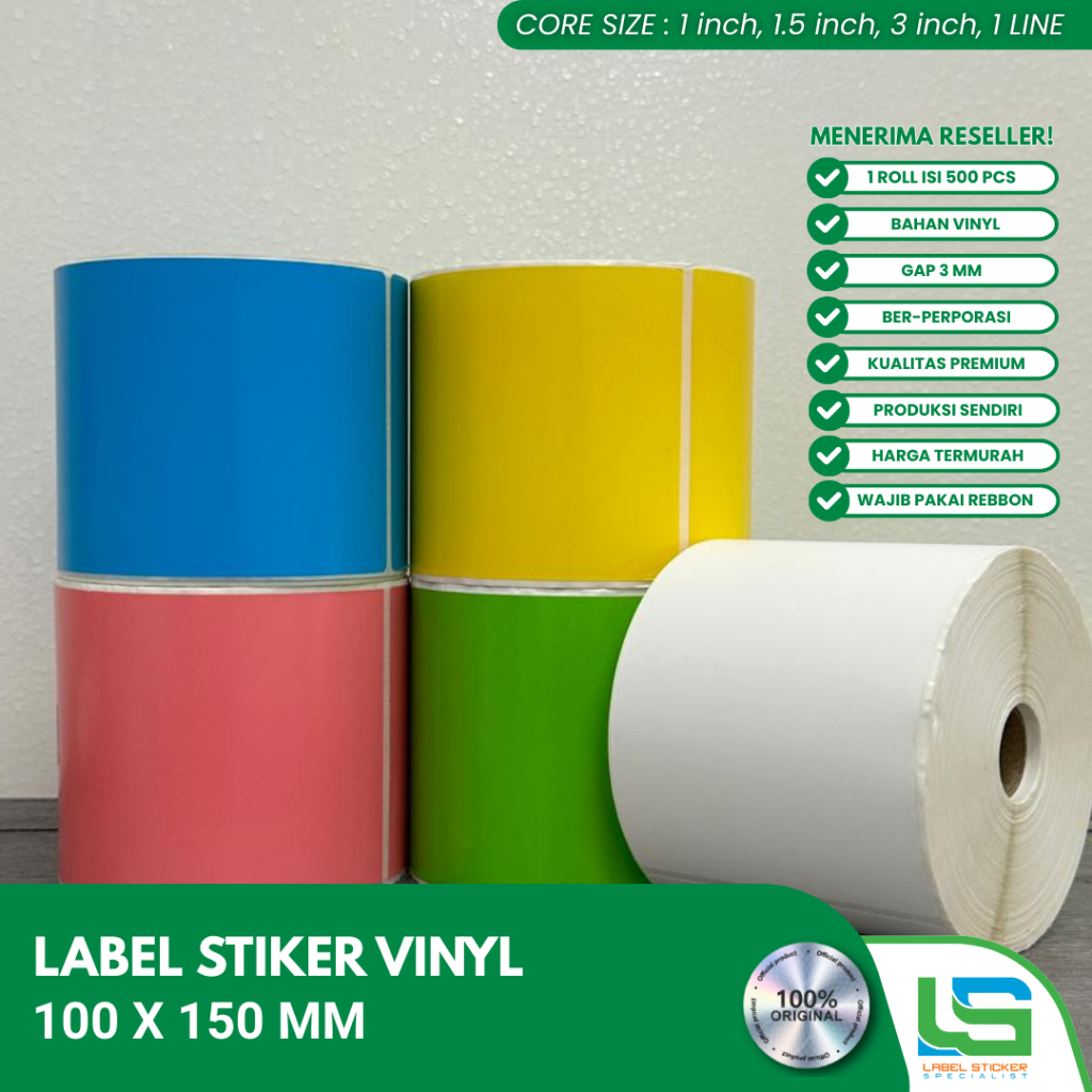 STIKER LABEL BARCODE 100X150MM KERTAS STICKER LABEL VINYL 100X150MM 1 ROLL ISI 500 PCS