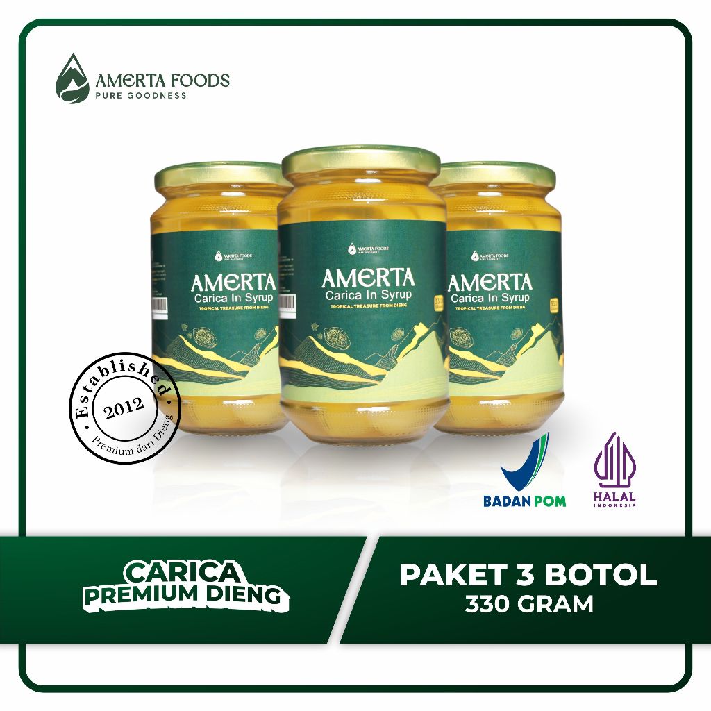 Amerta Carica Asli Dieng Premium | Manisan Carica Sirup –  Paket 3 Botol 330 Gram | Oleh-Oleh Khas W