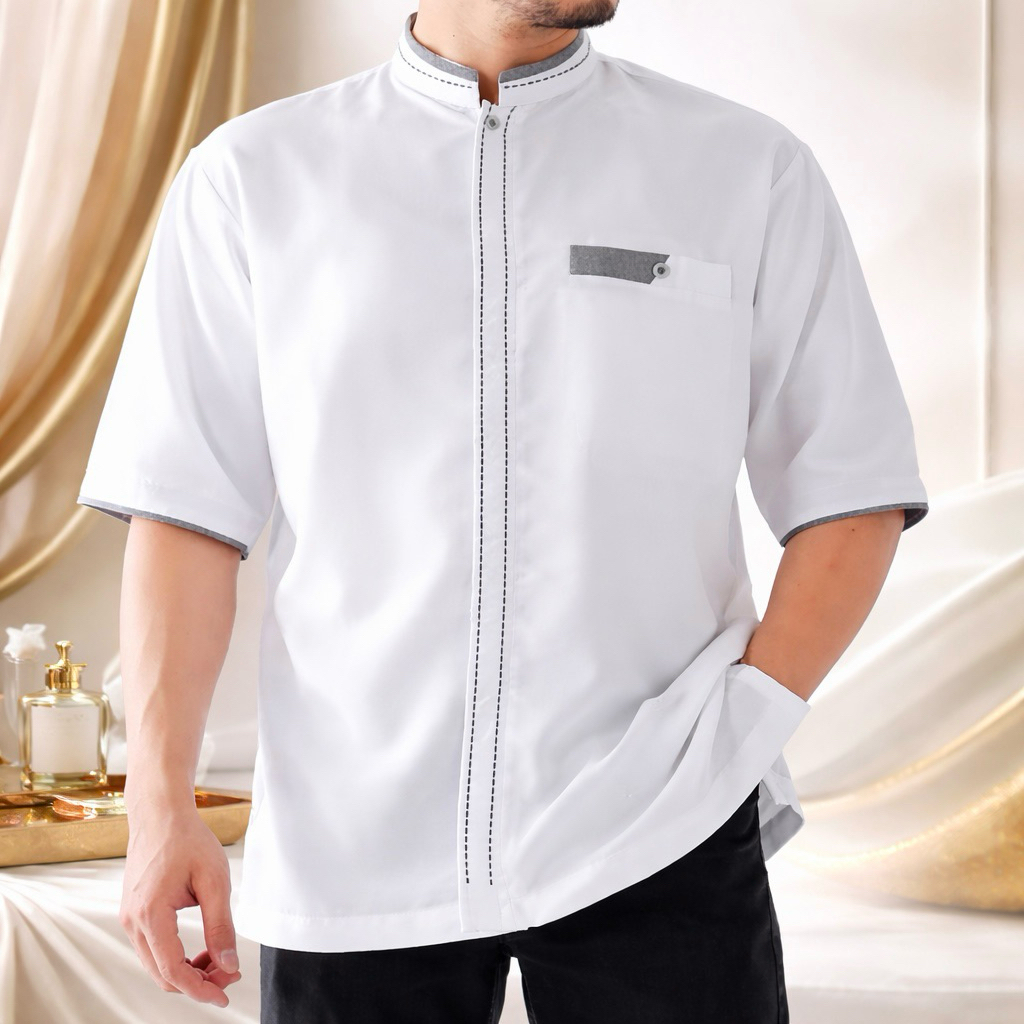 Koko Muslim Putih Tulang Pria Dewasa Lengan Pendek