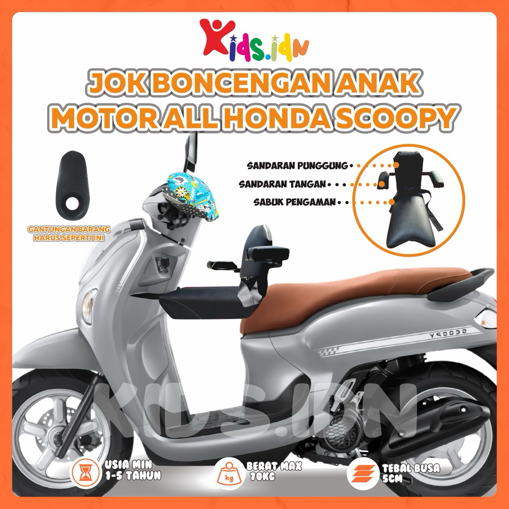 KIDS.IDN Jok Boncengan Anak Motor Scoopy Dengan Sandaran Punggung, Sandaran Tangan & Safetybelt