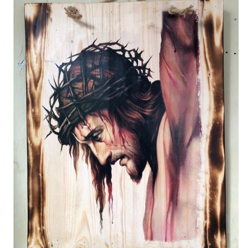 Tuhan Yesus Lukisan Kayu Jatibelanda Bakar Hiasan Dinding Pajangan Dekorasi
