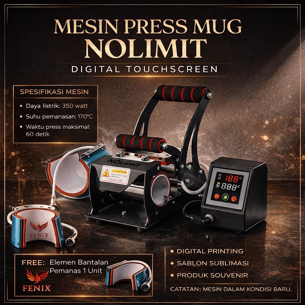 Mesin Press Mug Nolimit Digital Touchscreen 350W – Mesin Sablon Mug Sublim Otomatis Digital + Elemen