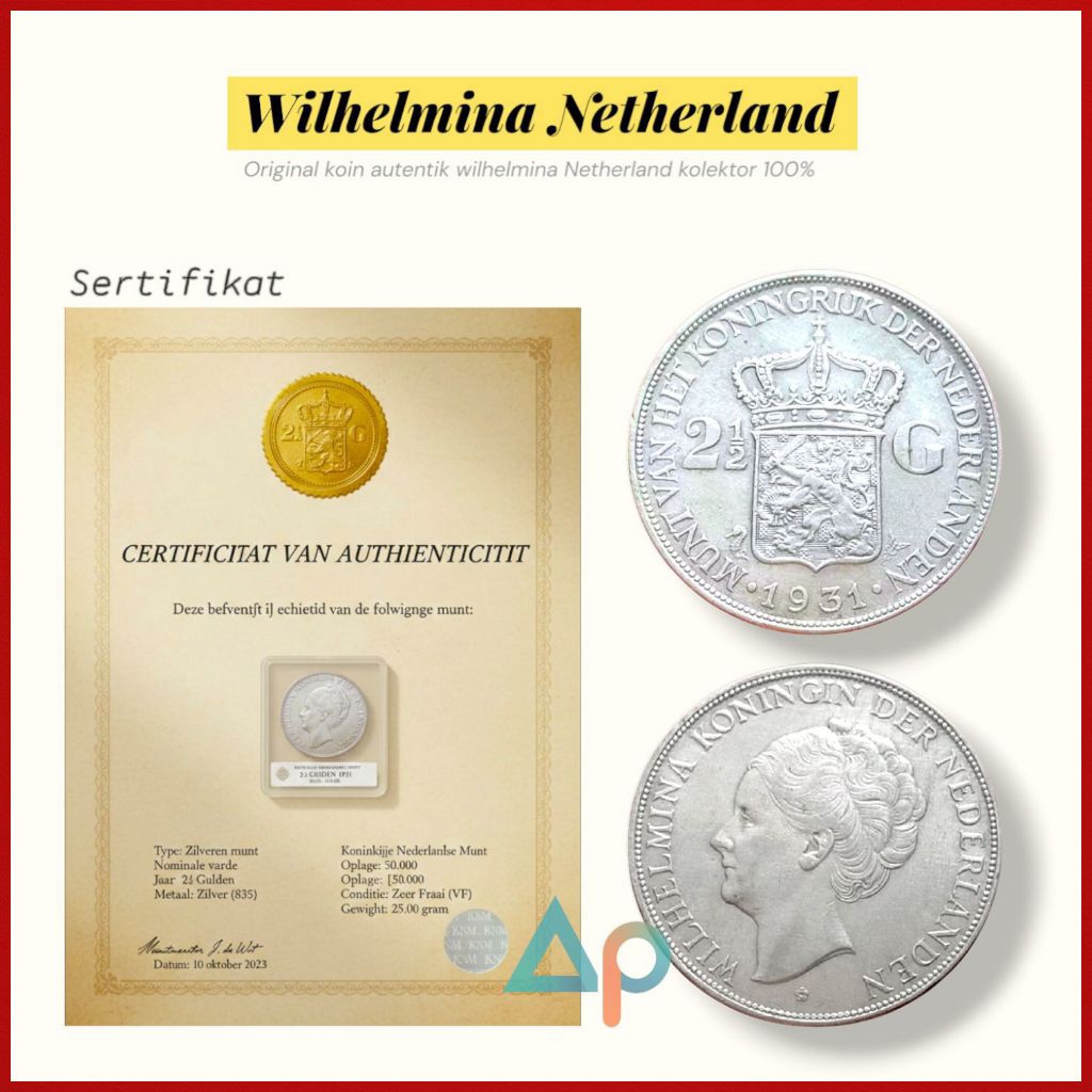 Koin Wilhelmina Netherland perak 2¹/5,0% | Koin kuno 2¹/2 Wilhelmina