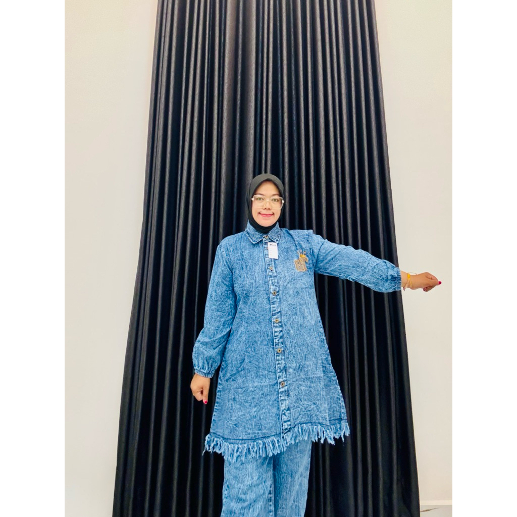 setelan celana denim tunik panjang