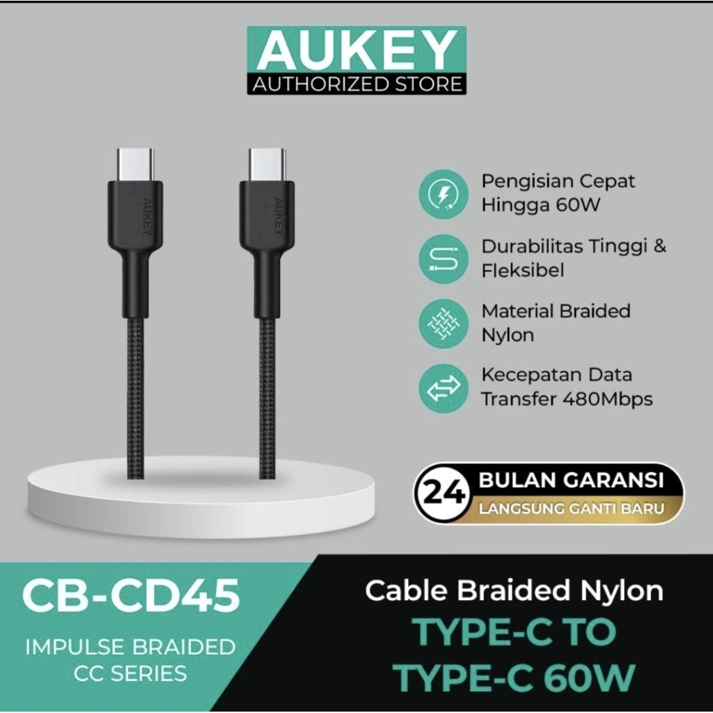 Aukey Cable Braided Nylon Type C to Type C 60W Fast Charging 1M