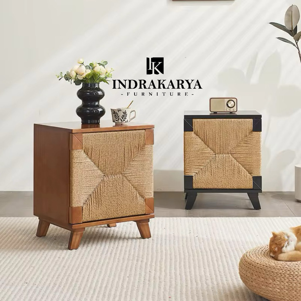 Meja Nakas Pintu Anyaman Tali Lum Kayu Jati Furniture Jepara