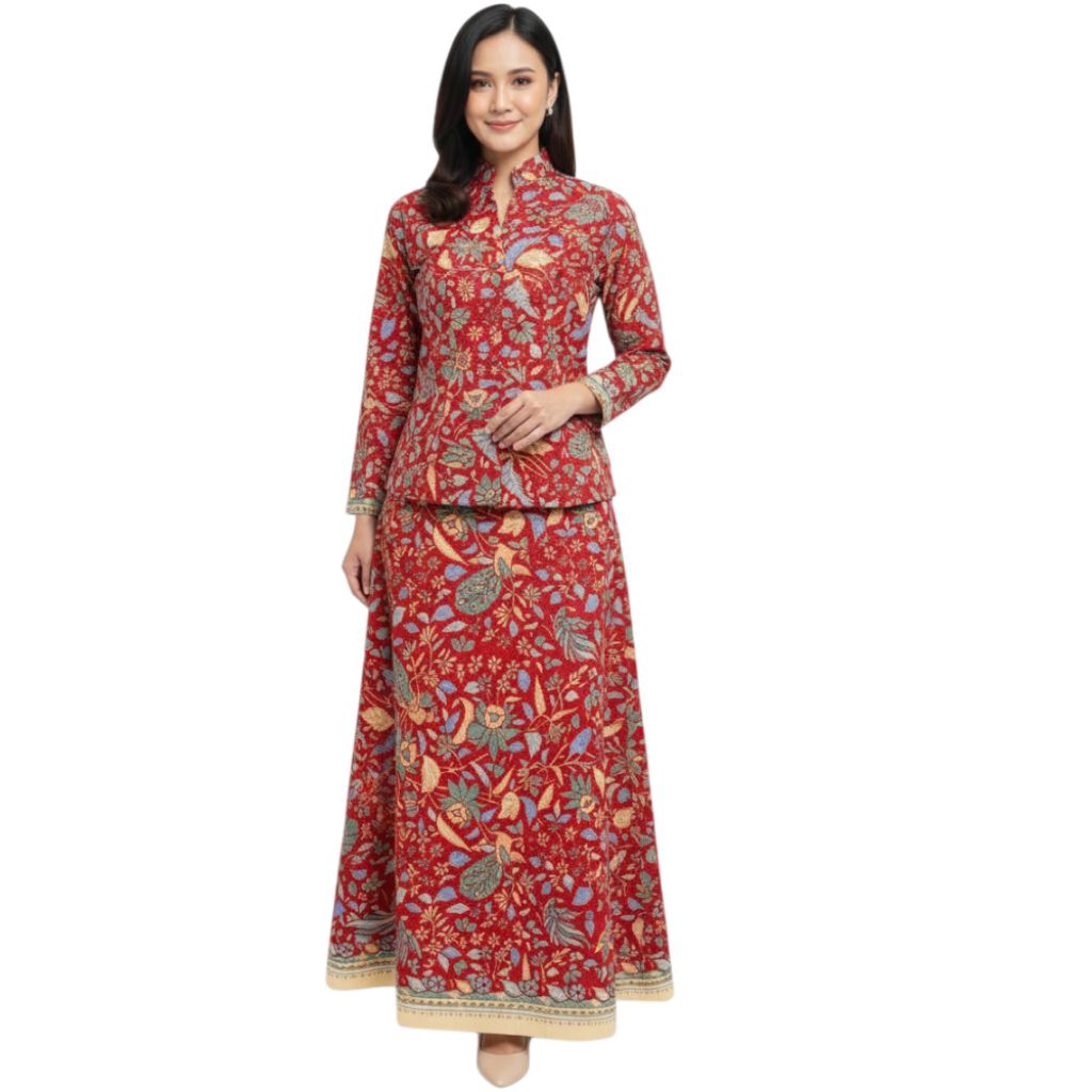 Setelan Batik Rok & blus baju kantor wanita dewasa atasan kerja tigneg merah