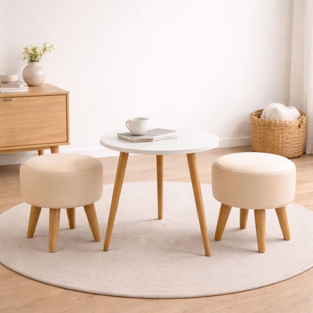 Set Meja Kopi Minimalis 2 Kursi Stool Empuk Kayu Solid Modern