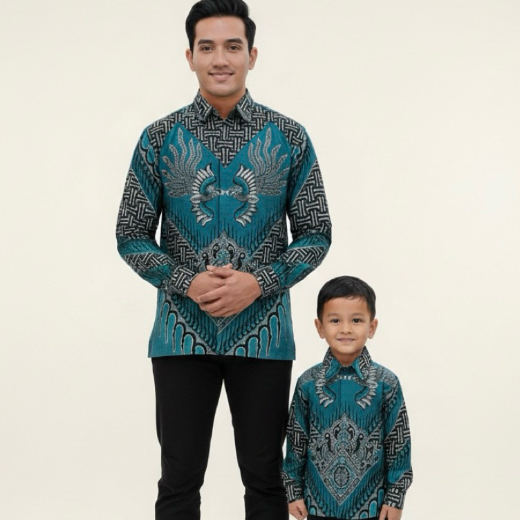 BATIK HIJAU EMERALD MOTIF CAPUNG,Batik Couple Ayah  Anak lengan panjang lapisan furing hijau emerald