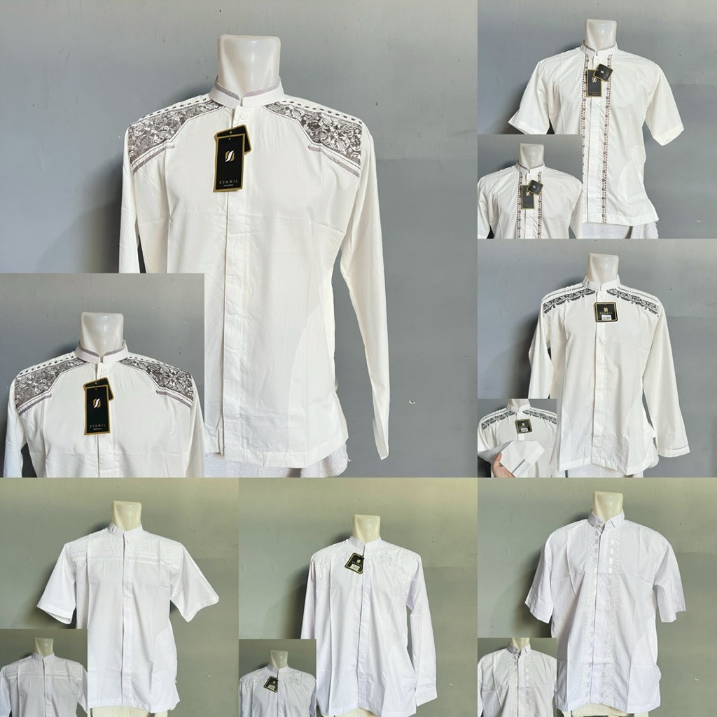 SYAMIL Baju Koko Putih Bordir Kombinasi Cotton Premium Lengan Panjang & Pendek Busana Muslim Pria Ke