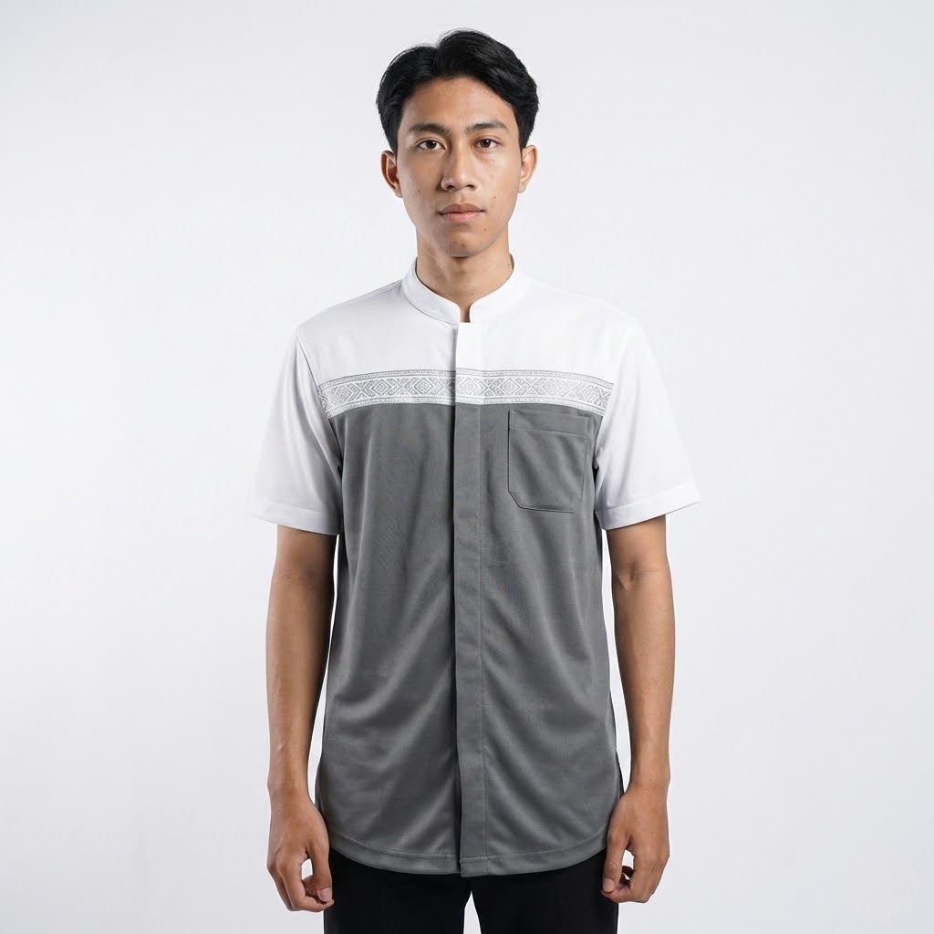 Jersey Koko Pria Lengan Pendek Putih Abu Motif Etnik Silver Modern