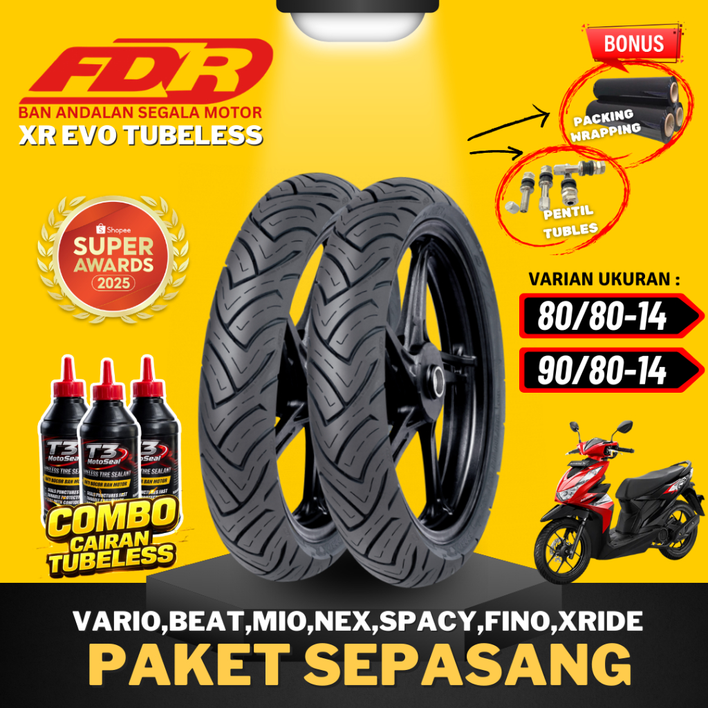 [PAKET SEPASANG MURAH] BAN FDR SPORT XR EVO RING 14 / ( 80/80-14 & 90/80-14 ) BAN FDR TUBELESS TUBLE
