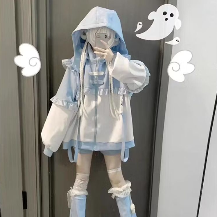 Aozora Hoodie Pastel Biru Kawaii Harajuku | Outer Imut Korean Style