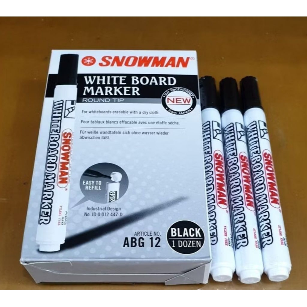 (1Lusin) SPIDOL SNOWMAN WHITEBOARD MARKER ABG-12 HITAM / SPIDOL PAPAN TULIS