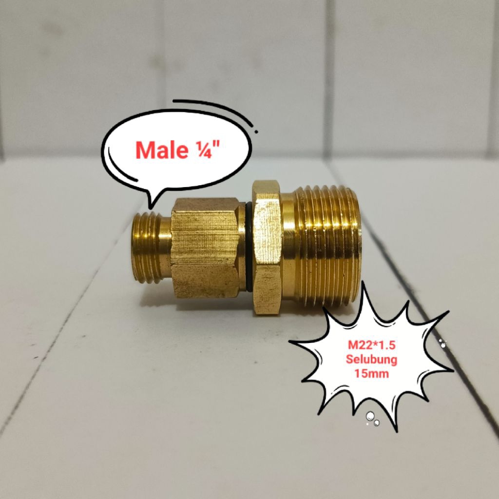 Sambungan Konektor Adaptor Male ¼" x Male M22*1.5 Selubung 15mm