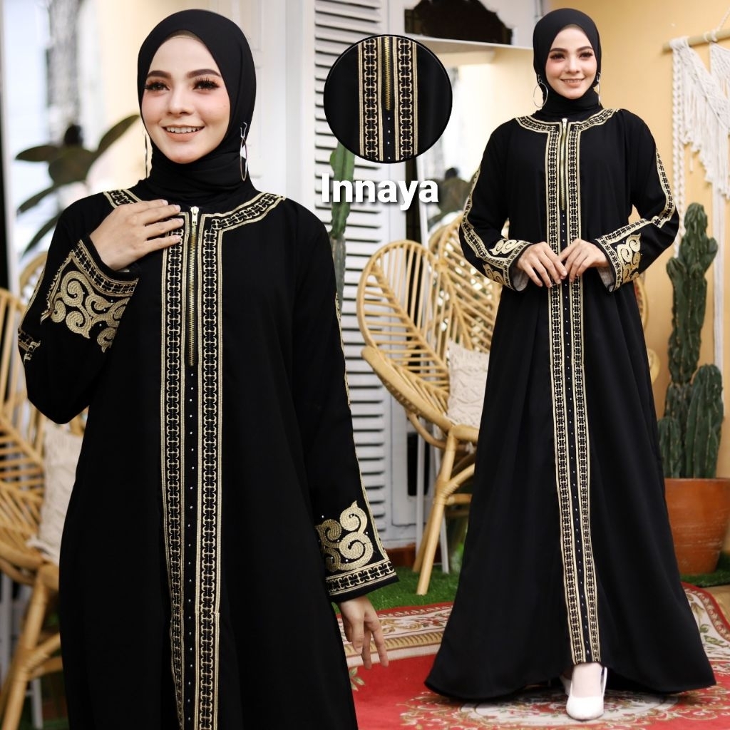 Alma Abaya Piramid Bordir Exclusive Gamis Syari Hitam Fashion Lebaran Turkey Muslimah Cantik Turki