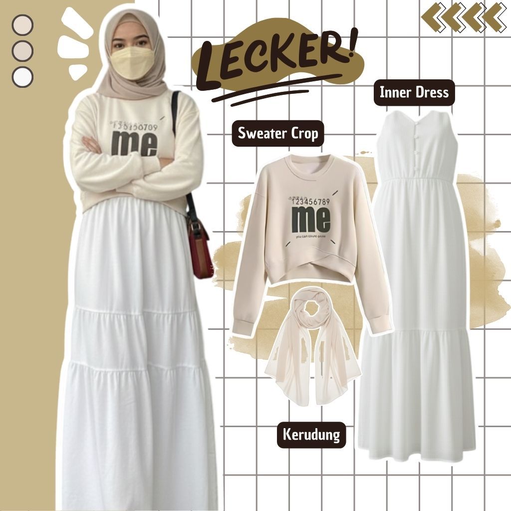 One Set Lebaran Wanita | Sweater + Inner Dress + Hijab | Setelan Hijab Kekinian | OOTD Remaja - 043