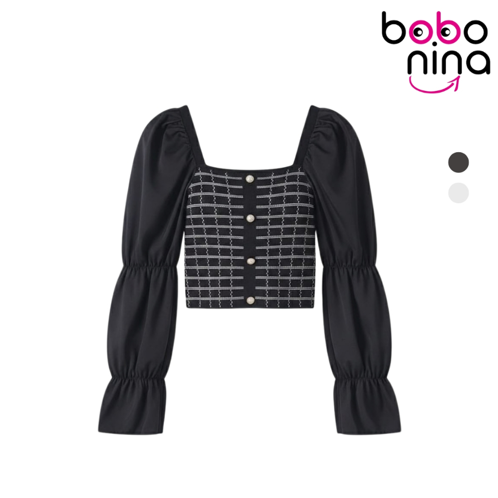 Ninabobo SL019 Sabrina Knit Blouse Atasan Square Neck Knit Top Crop Longsleeve Lengan Panjang