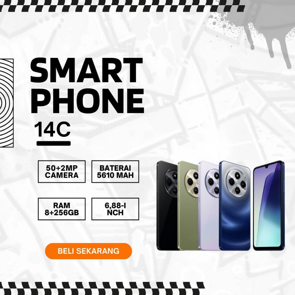 SMARTPHONE REDMI 14C -LAYAR LUAS 6.88 INCI,RAM 8GB,BATERAI 5160 mAH GRANSI 12 BULAN