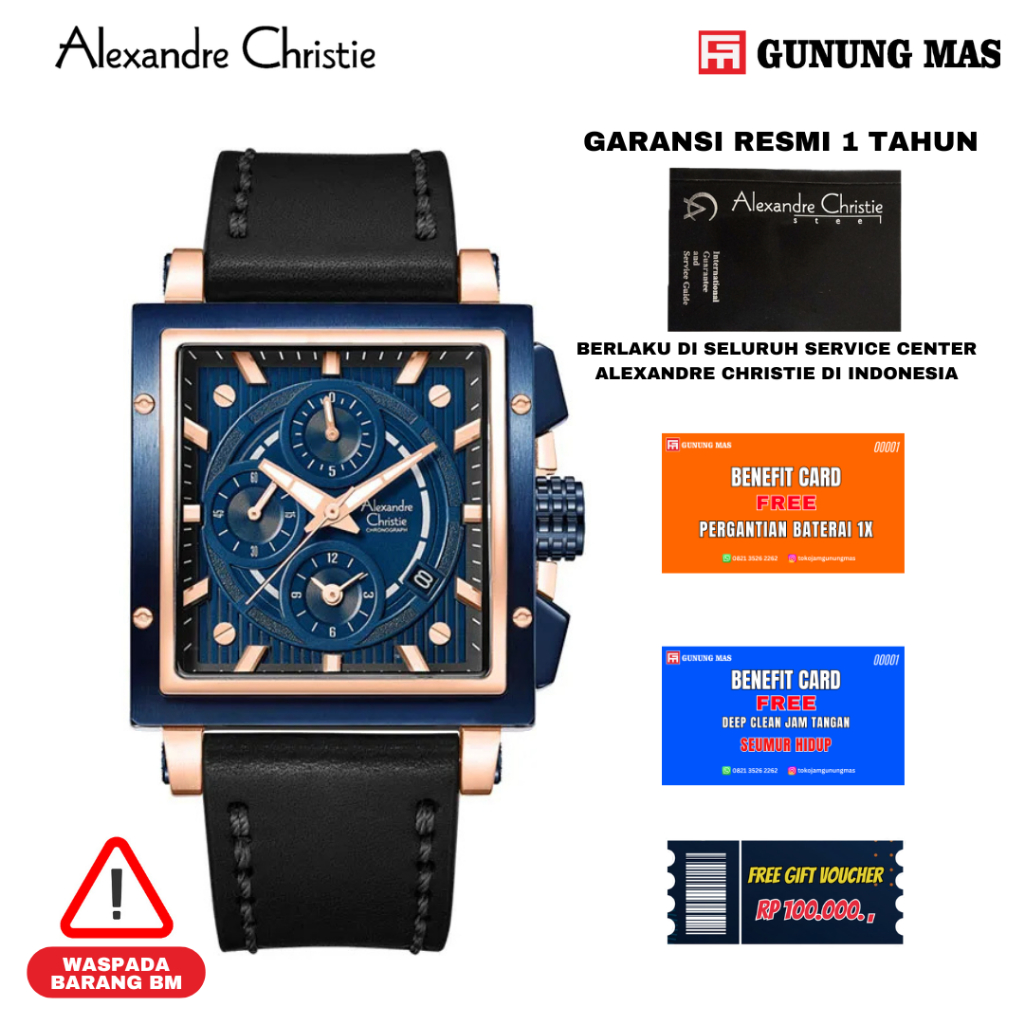 Alexandre Christie Jam Tangan Pria Chronograph AC 6182 GC LURBU Men Blue Dial Black Leather 100% ORI