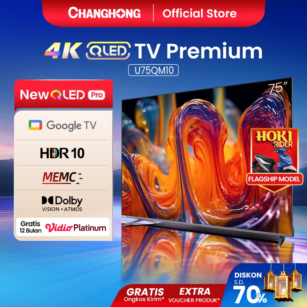 Changhong QLED TV 4K 75 inch Google Smart QLED PRO Digital TV Dolby Audio DBX-TV Google Play Netflix
