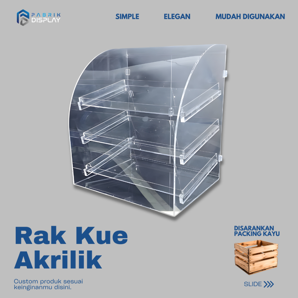 Etalase kue akrilik 3 tingkat untuk pajangan roti dan kue, ukuran 45x35x50 cm, bening