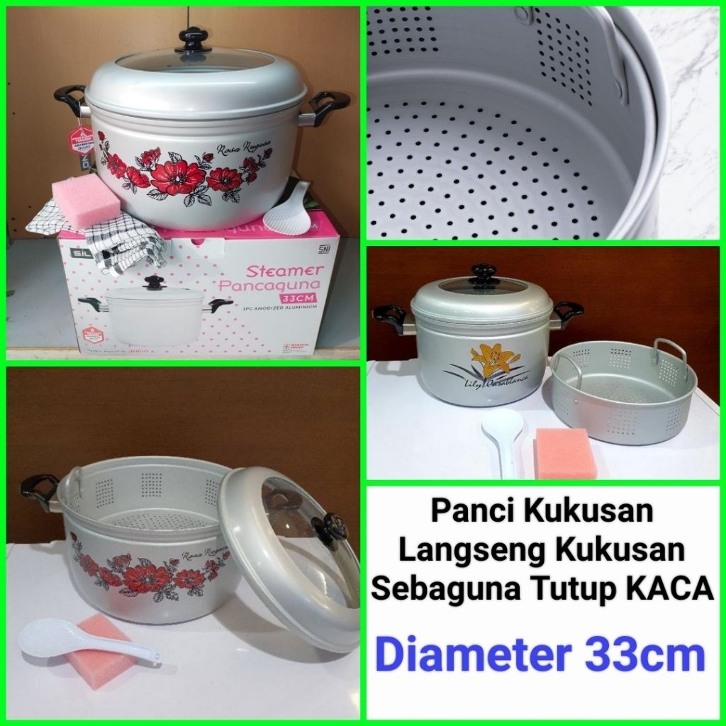 panci kukusan langseng kukusan alumunium panci serbaguna tutup kaca MASPION 33cm