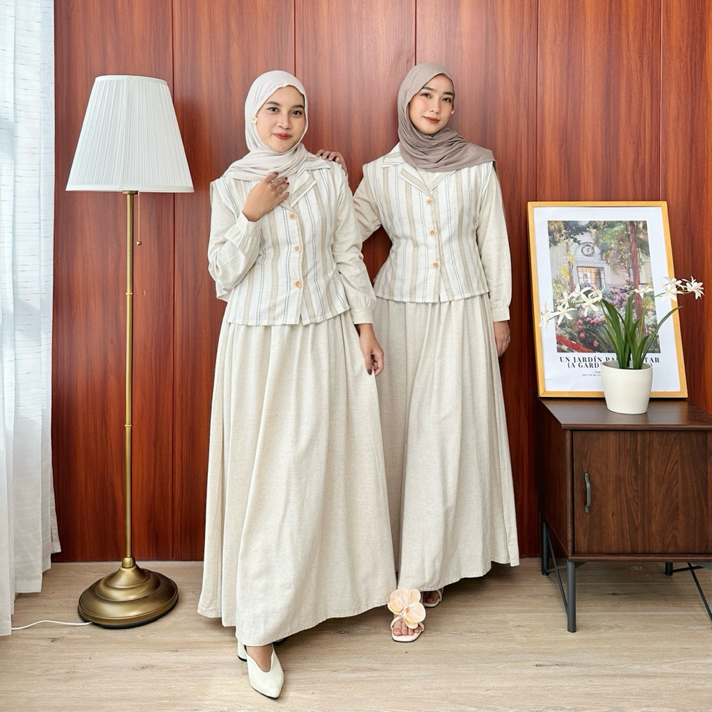 HELENA DRESS LINEN BULU KUDA SETELAN VEST MOTIF SALUR VINTAGE GAMIS MUSLIM LINEN BUSUI BY MEECLO