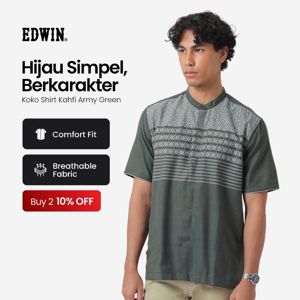 EDWIN JEANS - Kemeja Koko Pria Lengan Pendek KAHFI ARMY GREEN Baju Muslim Pria