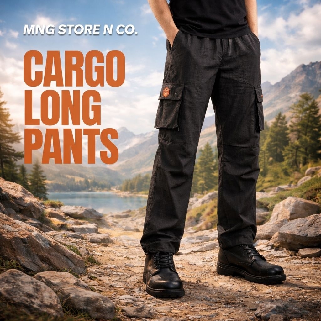 MnG Celana Cargo Panjang Hitam Pria Wanita Cargo Harian Casual