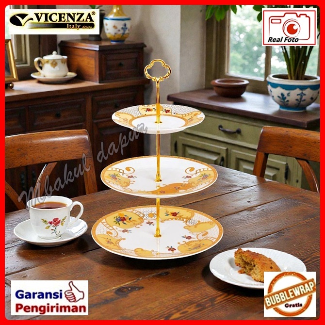 Piring kue Tempat kue susun / Tingkat Keramik 3 susun Vicenza Kualitas Putih Coating emas
