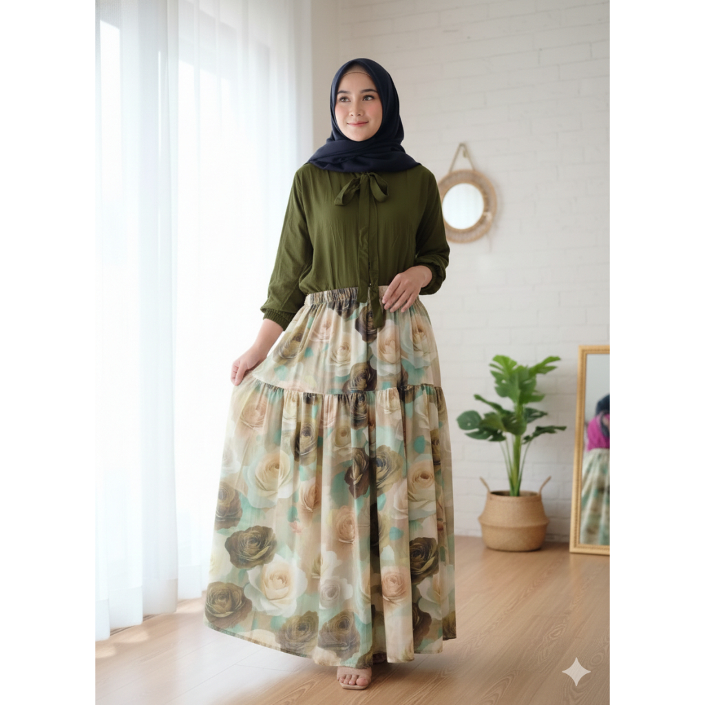 RAMAYA Atasan Pita Rayon Polos & Rok Motif Bunga Bahan Rayon Twill dan Viscose Ukuran Standar Jumbo