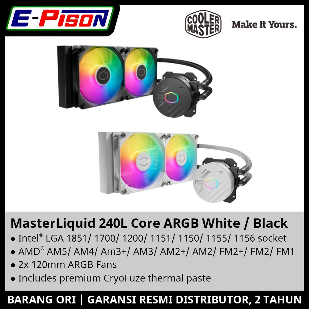 Cooler Master MasterLiquid 240L Core ARGB CPU Liquid Cooler AIO Liquid Cooler 240mm CPU Intel AMD