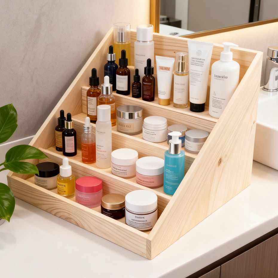 Rak Display Parfum 3 Susun Serbaguna Rak Tempat Parfum Skincare Kosmetik Rak Kayu Pinus